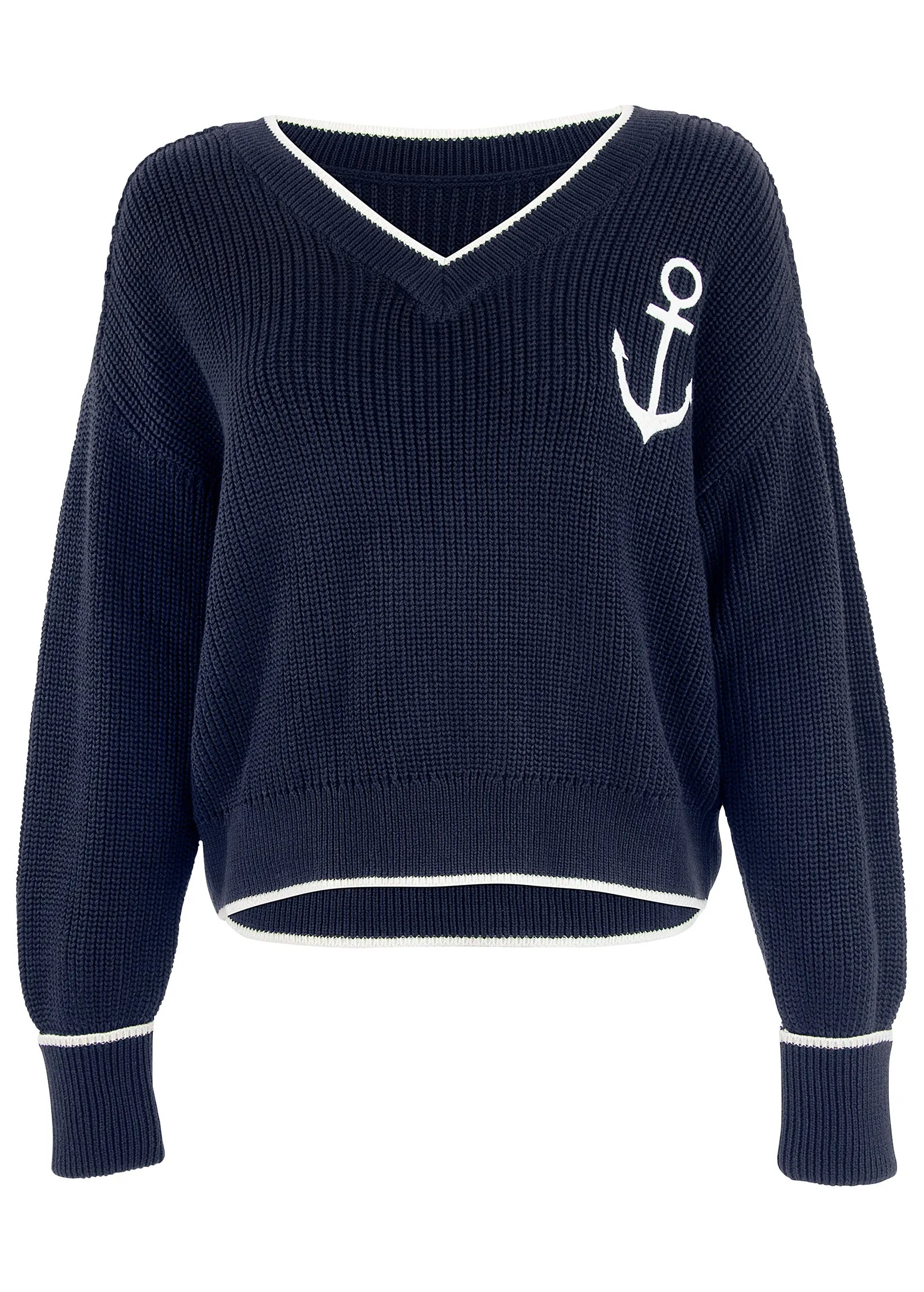 Anchor V-Neck Sweater - Navy & White