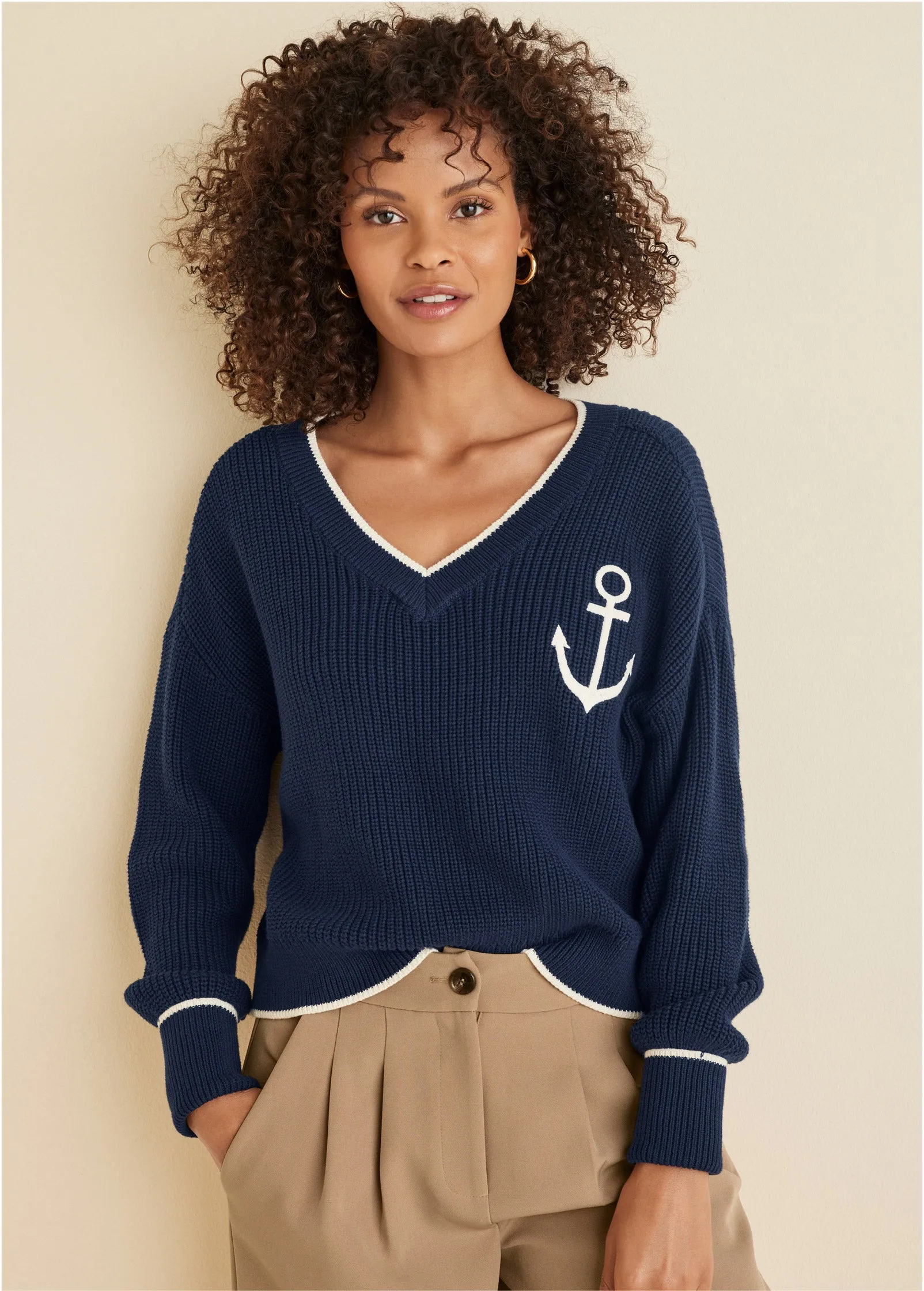 Anchor V-Neck Sweater - Navy & White