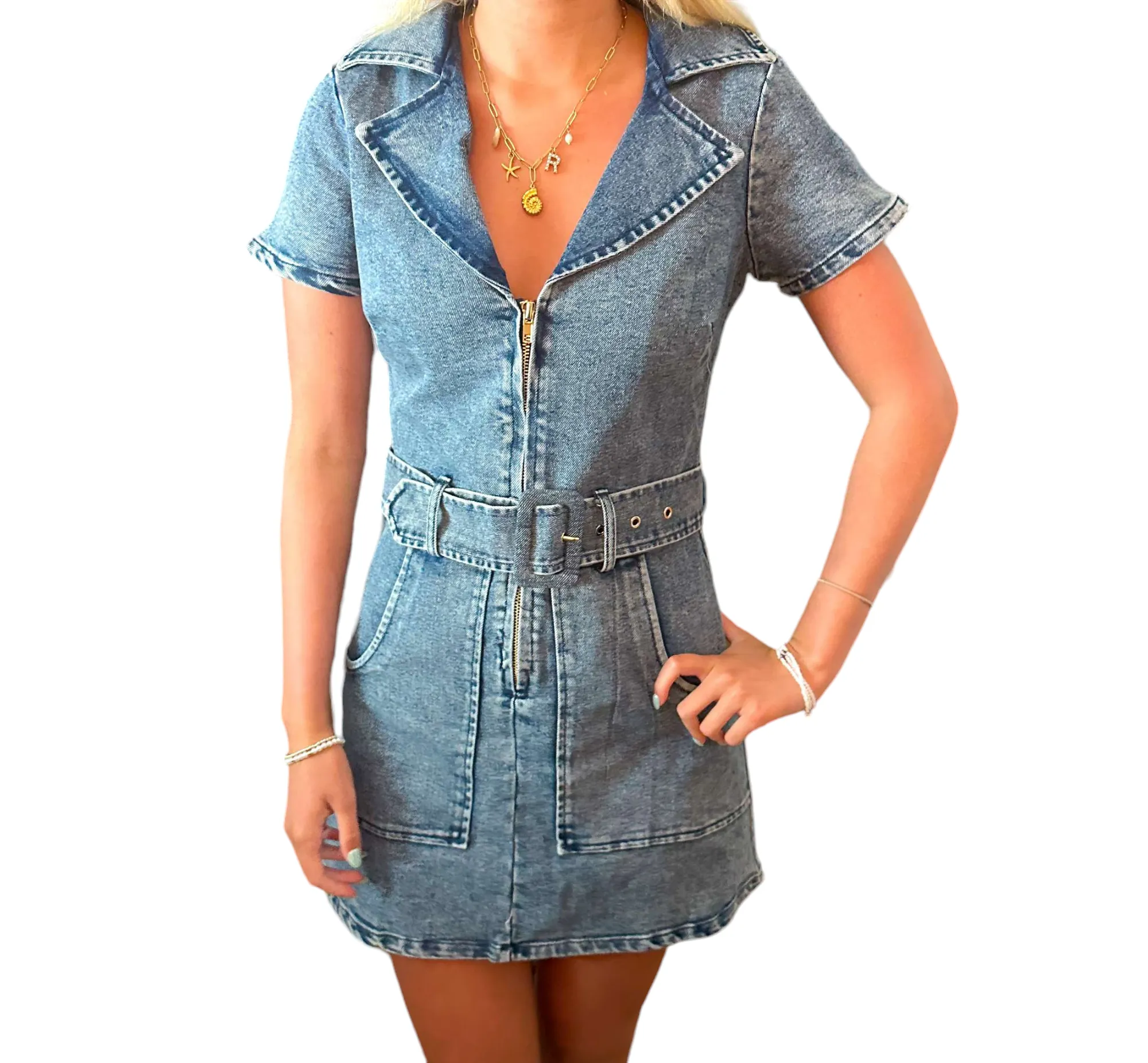 Belted Denim Concert Dress with Zipper Front