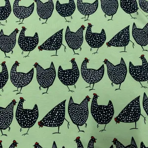 Black Chickens on Green Bamboo/Spandex Jersey Fabric