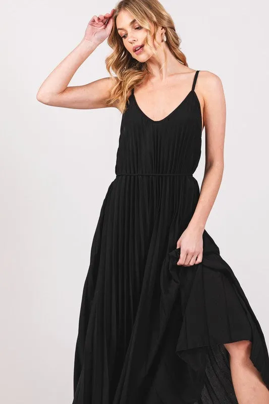 Black Pleated Camisole Midi Dress