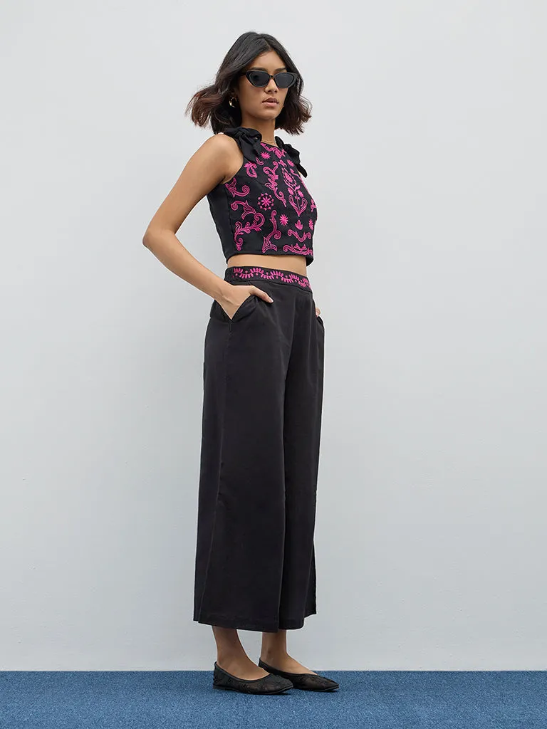 Bombay Paisley Black Embroidered High-Rise Cotton Pants