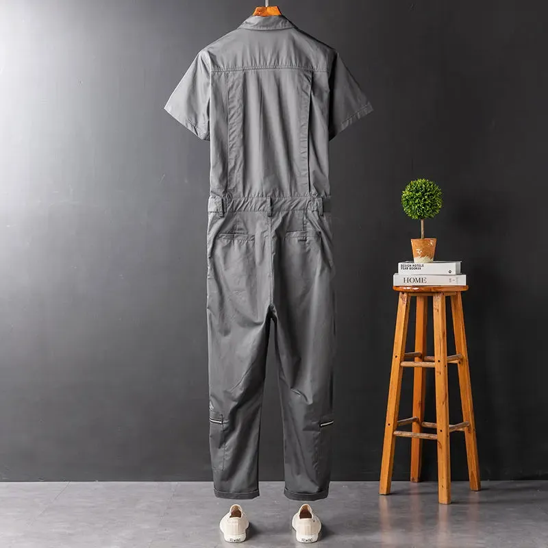 BONSIR  -  Summer Overalls Men Jumpsuit Lapel Cotton Short Sleeve Multi-Pocket  Zipper Hip Hop Streetwear Pants Black Gray Trousers