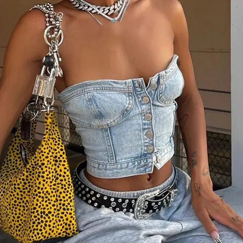 Button Down Denim Bustier Crop Top Strapless Jeans Corset Backles Push Up Tank Women's Top