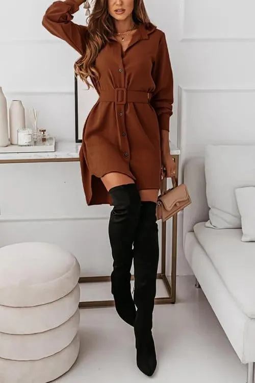 Button Long Sleeve Shirt Mini Dress With Belt