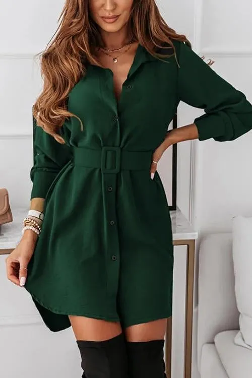 Button Long Sleeve Shirt Mini Dress With Belt