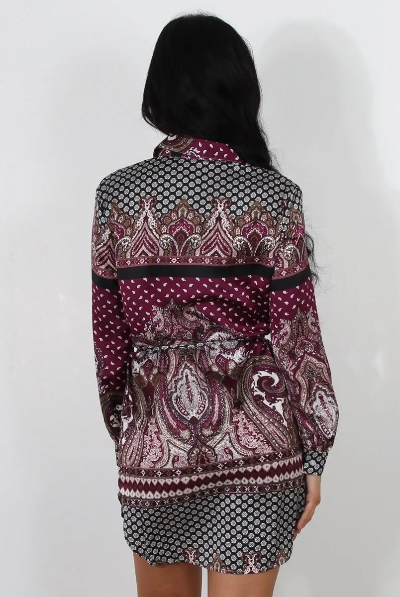 Damae Wine Paisley Print Shirt Dress