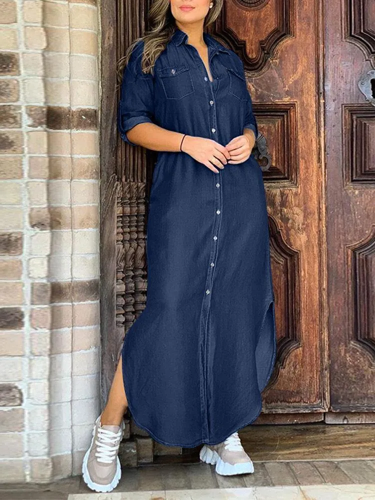 deanwangkt Casual Lapel Button Three Quarter Sleeve Solid Denim Maxi Dress