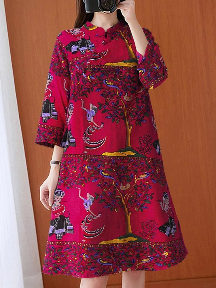 deanwangkt Ethnic Floral Figure Print Stand Collar Long Sleeve Vintage Shirt Dress With Pocket