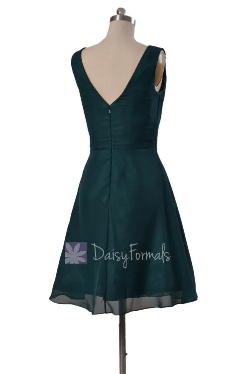 Delicate Knee Length Rich Peacock Chiffon Bridesmaid Dress W/V-Neck(BM5194S)