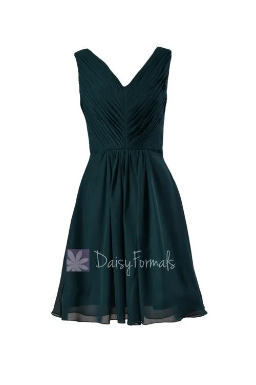 Delicate Knee Length Rich Peacock Chiffon Bridesmaid Dress W/V-Neck(BM5194S)