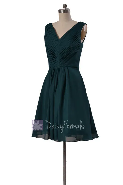 Delicate Knee Length Rich Peacock Chiffon Bridesmaid Dress W/V-Neck(BM5194S)