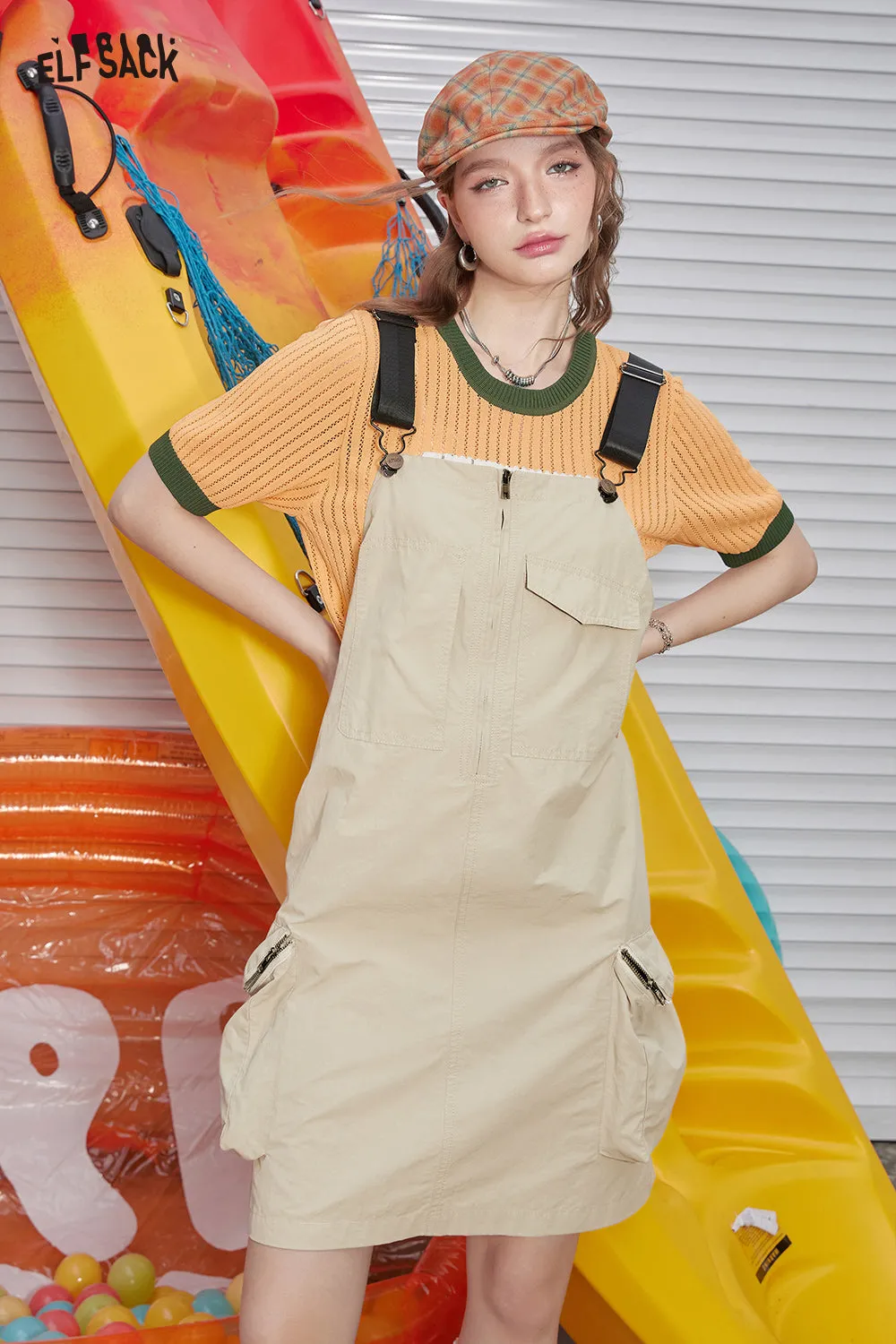 ELFSACK 2024 Summer New Arrivals College style workwear, shoulder strap dress, women's casual versatile dress