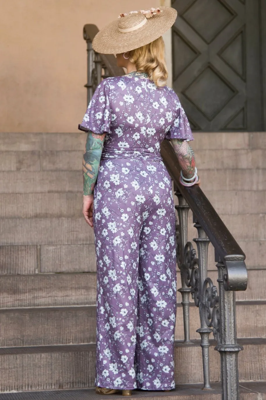 Esther Purple Floral Butterfly Sleeved Jumpsuit