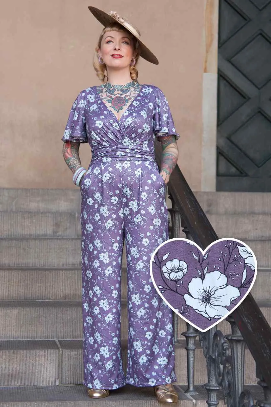 Esther Purple Floral Butterfly Sleeved Jumpsuit