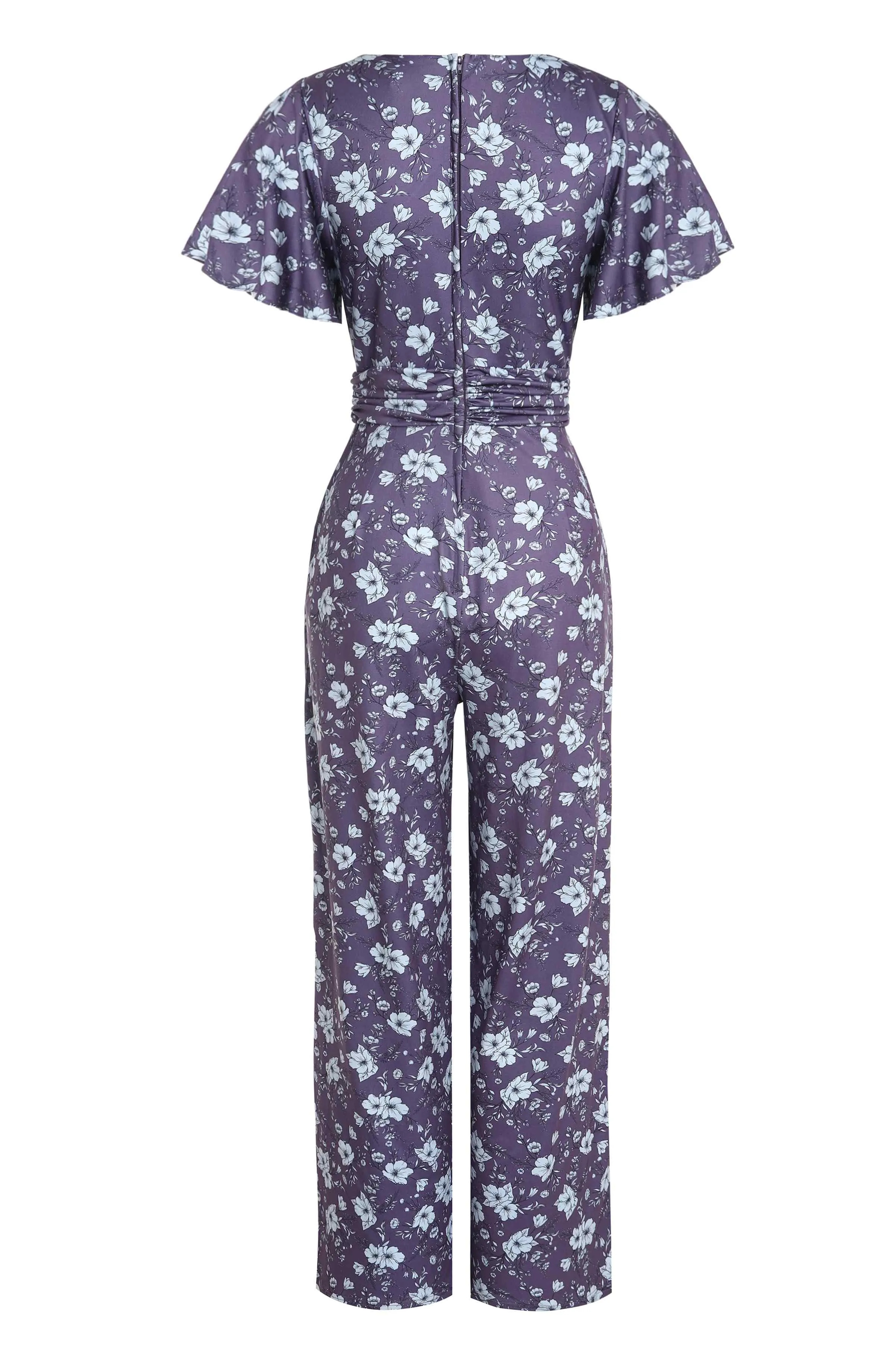 Esther Purple Floral Butterfly Sleeved Jumpsuit