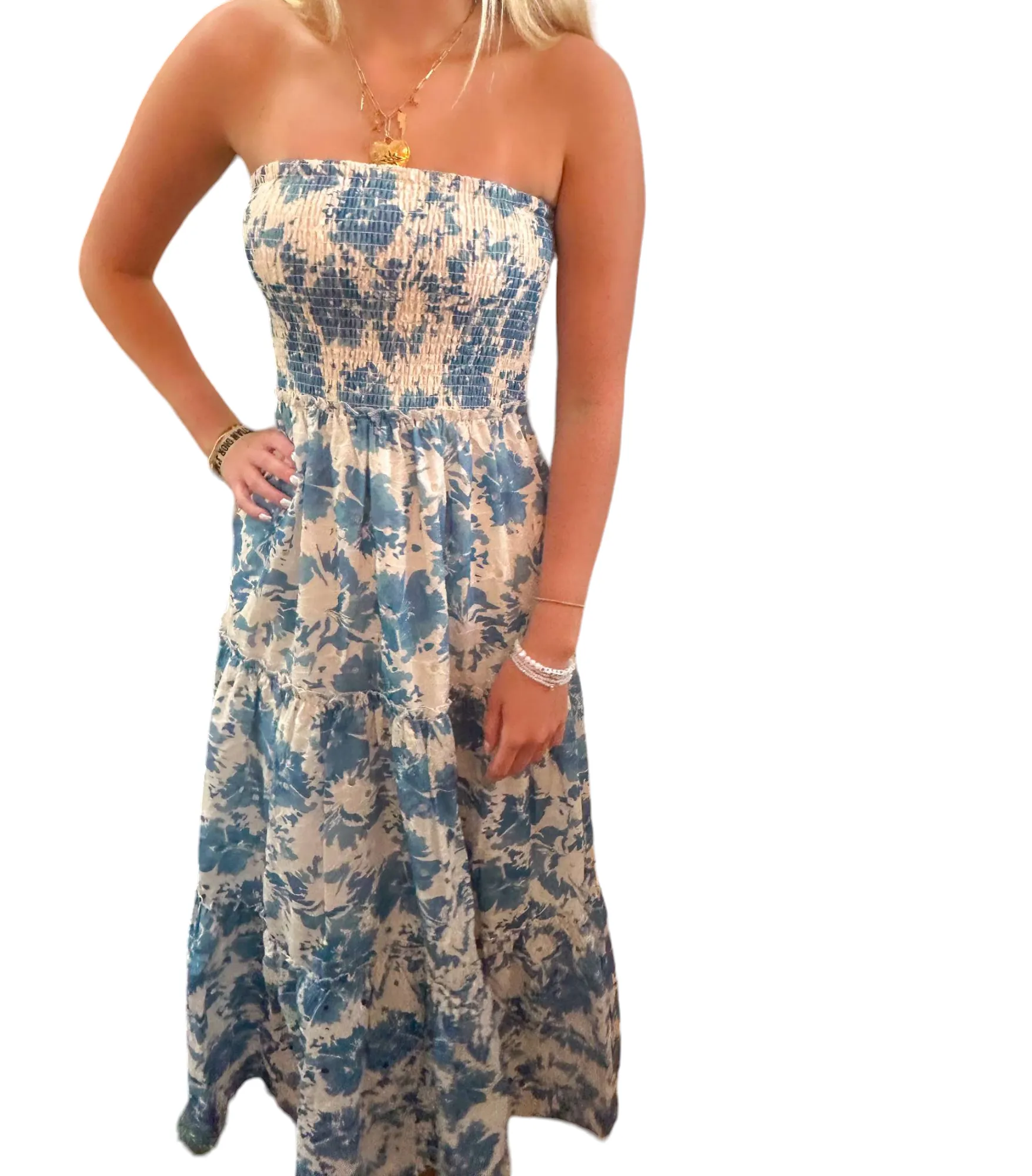 Floral Paradise Strapless Maxi Dress in Blue