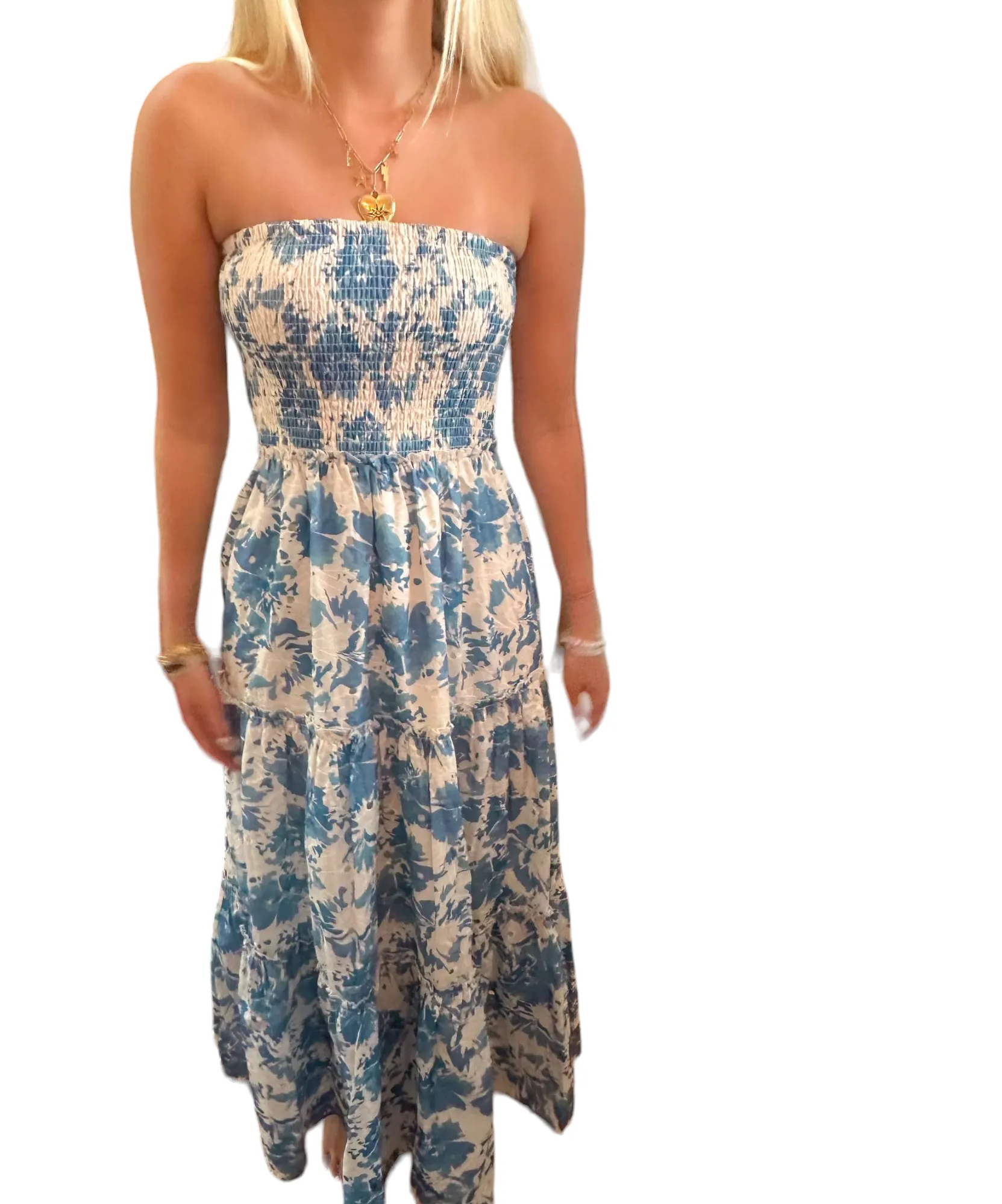 Floral Paradise Strapless Maxi Dress in Blue