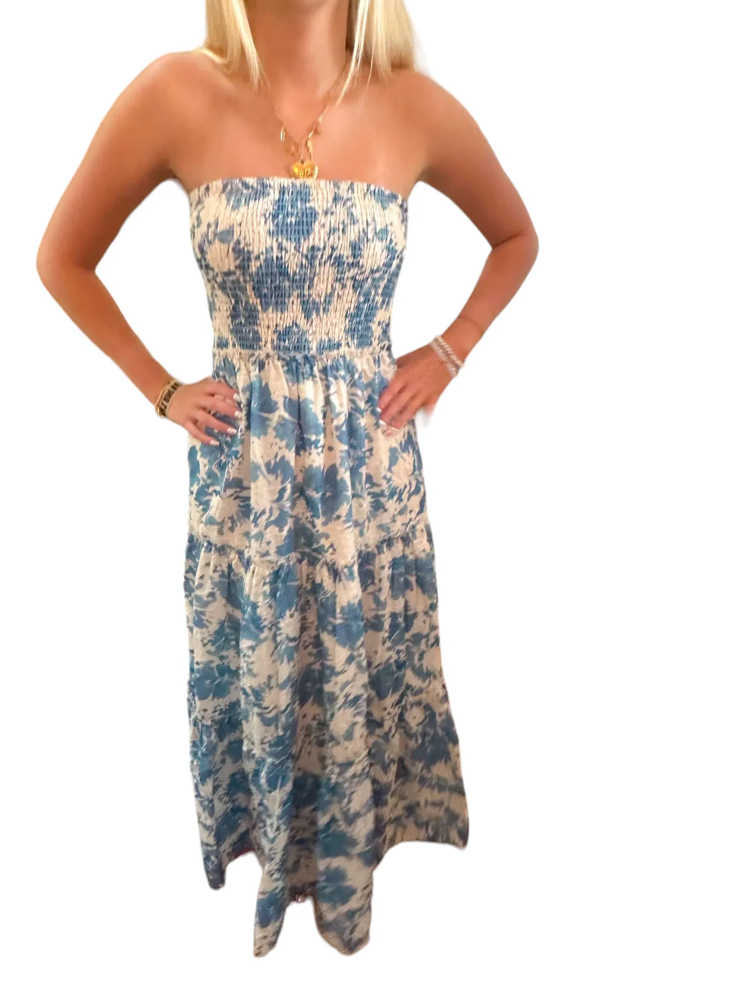 Floral Paradise Strapless Maxi Dress in Blue