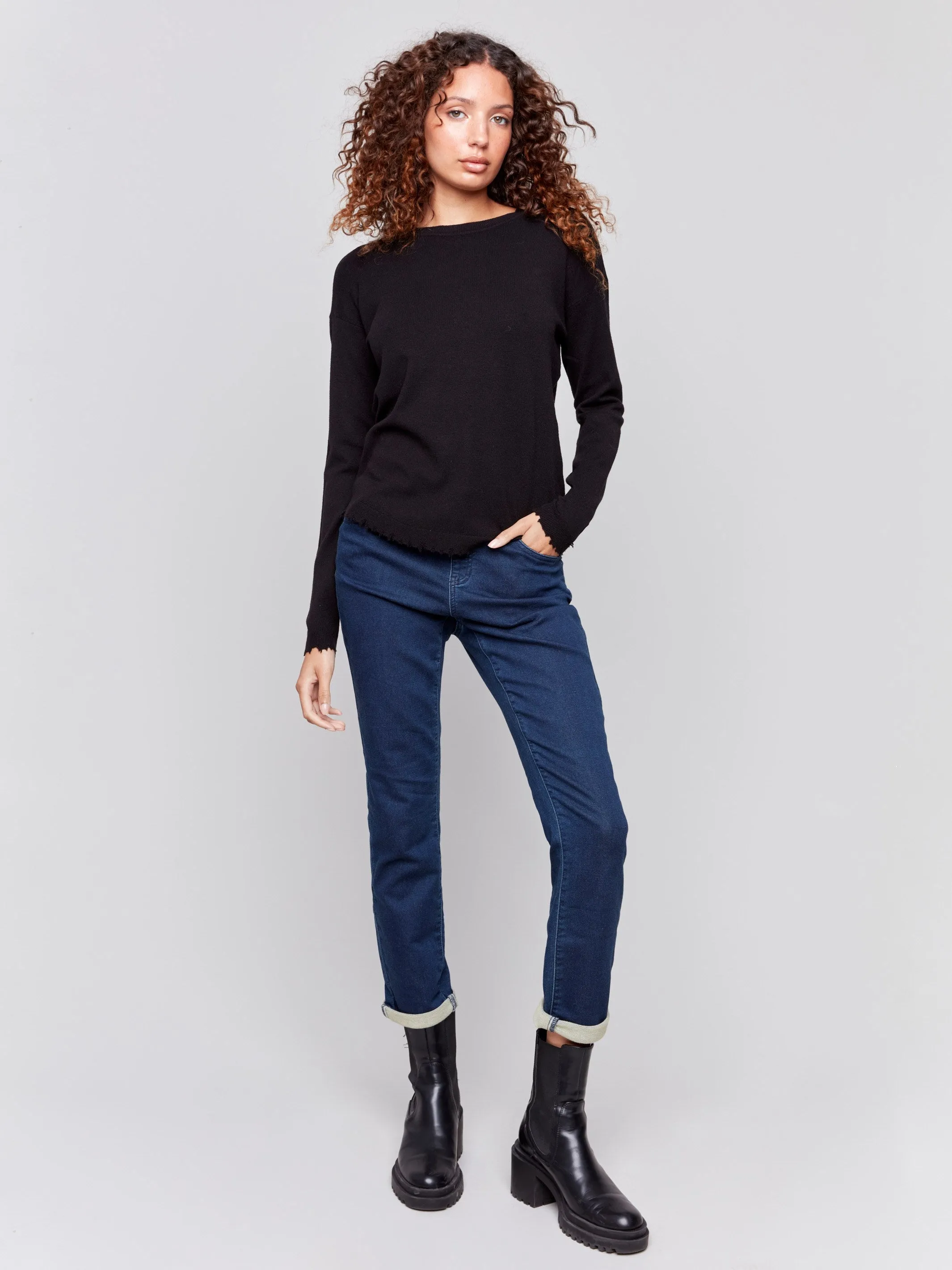 Frayed Edge Round Hem Sweater - Black