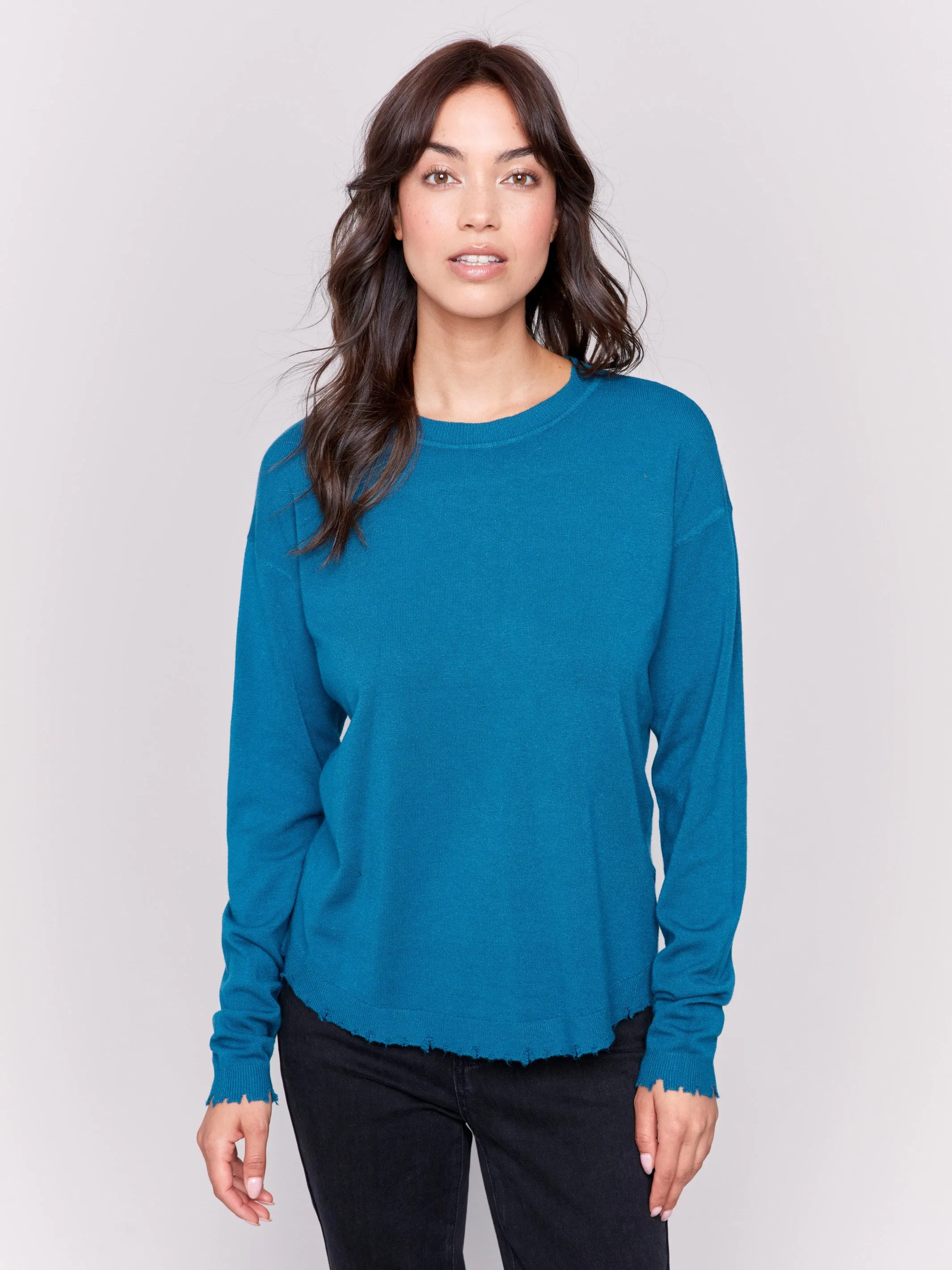 Frayed Edge Round Hem Sweater - Peacock