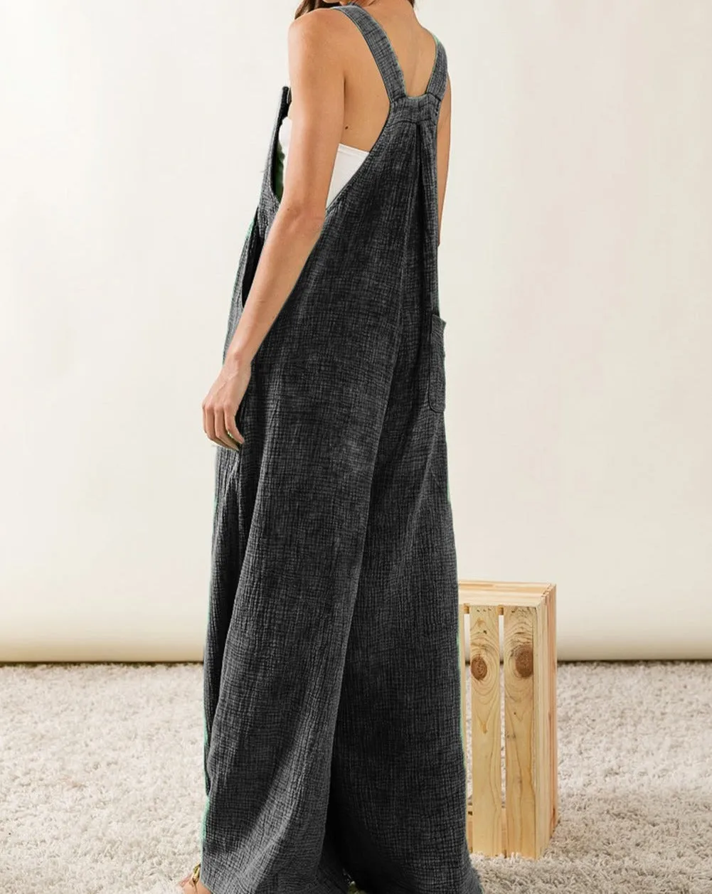 Gauze Wide Leg Pocketed Overalls