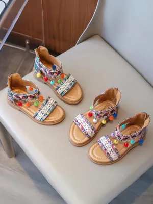 Girls' Boho Tribal Print Sandals with Pom-Poms By Liv and Mia