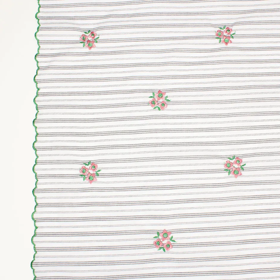 Grey & White Striped Embroidered Cotton