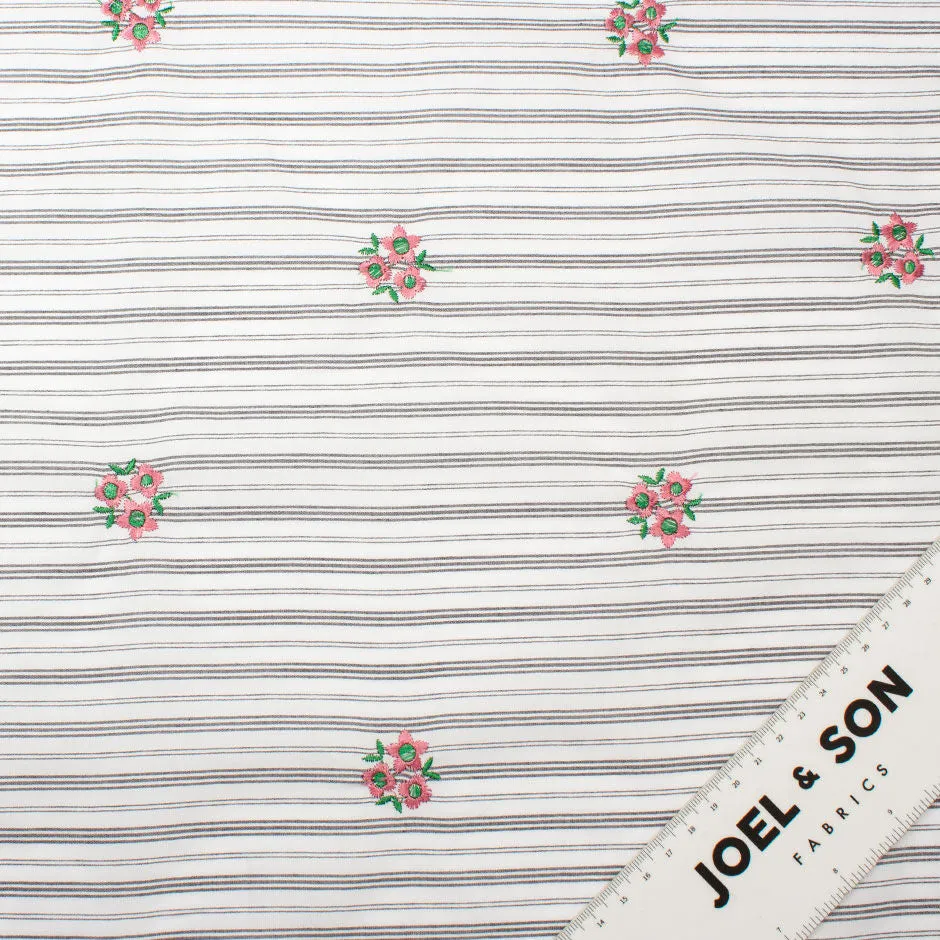 Grey & White Striped Embroidered Cotton