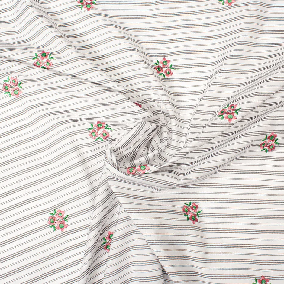 Grey & White Striped Embroidered Cotton