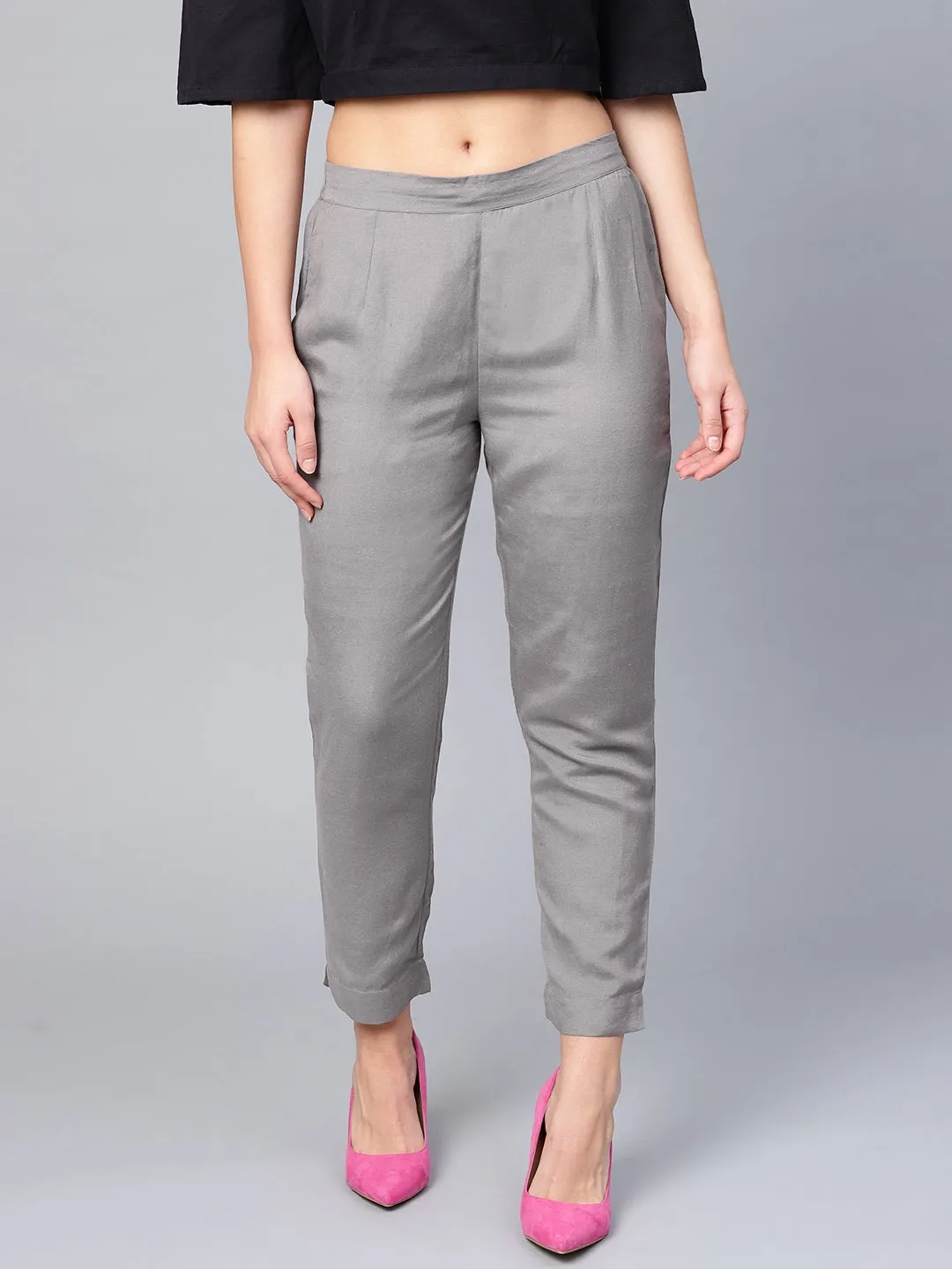 Jashvi Grey Solid Rayon Flex Slim Fit Women Pants With Two Pockets