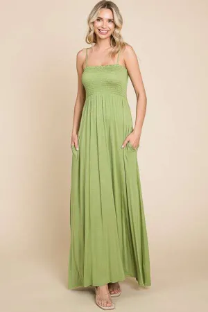 KESLEY Casual Olive Green Smocked Cami Maxi Dress with Pockets Long Summer Dresses