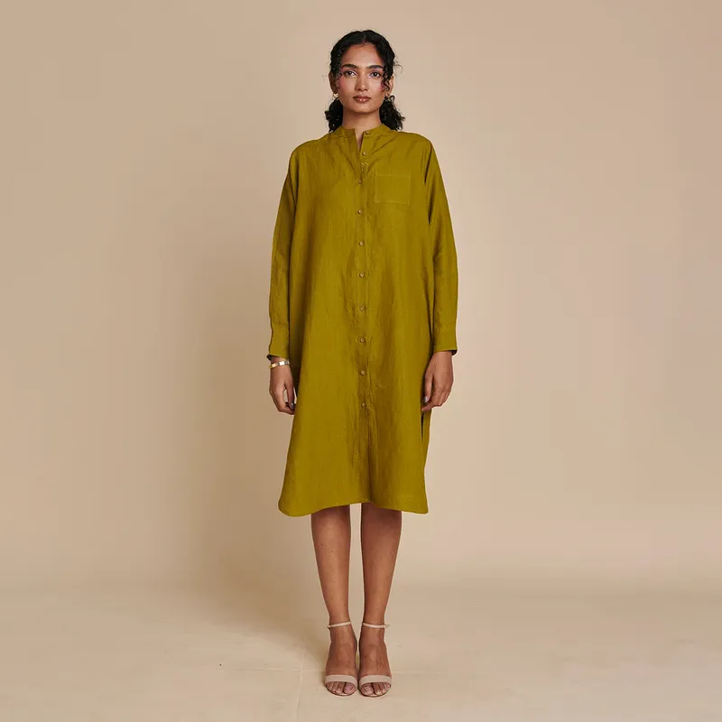 Linen Shirt Dress for Women | Mehndi Green | Full Sleeves