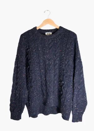 Long cable sweater, navy speckle