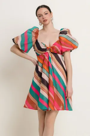 Multi Color Uneven Stripe Short Slv Fit And Flare