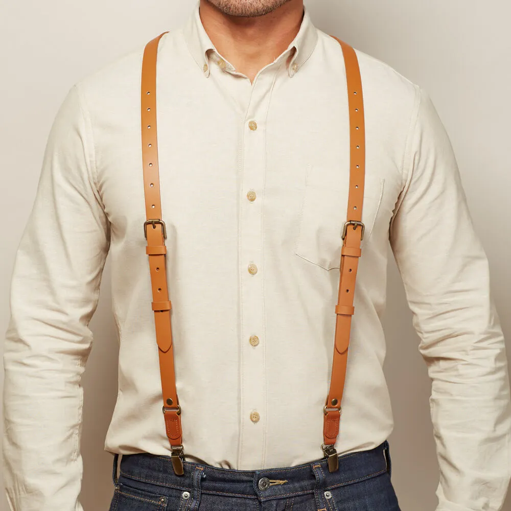 Natural Tan Leather Buckle Skinny Suspenders