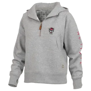 NC State Wolfpack Women's Heather Grey "Bronco" Wolfhead 1/4 Zip Oversized Hooded Sweatshirt