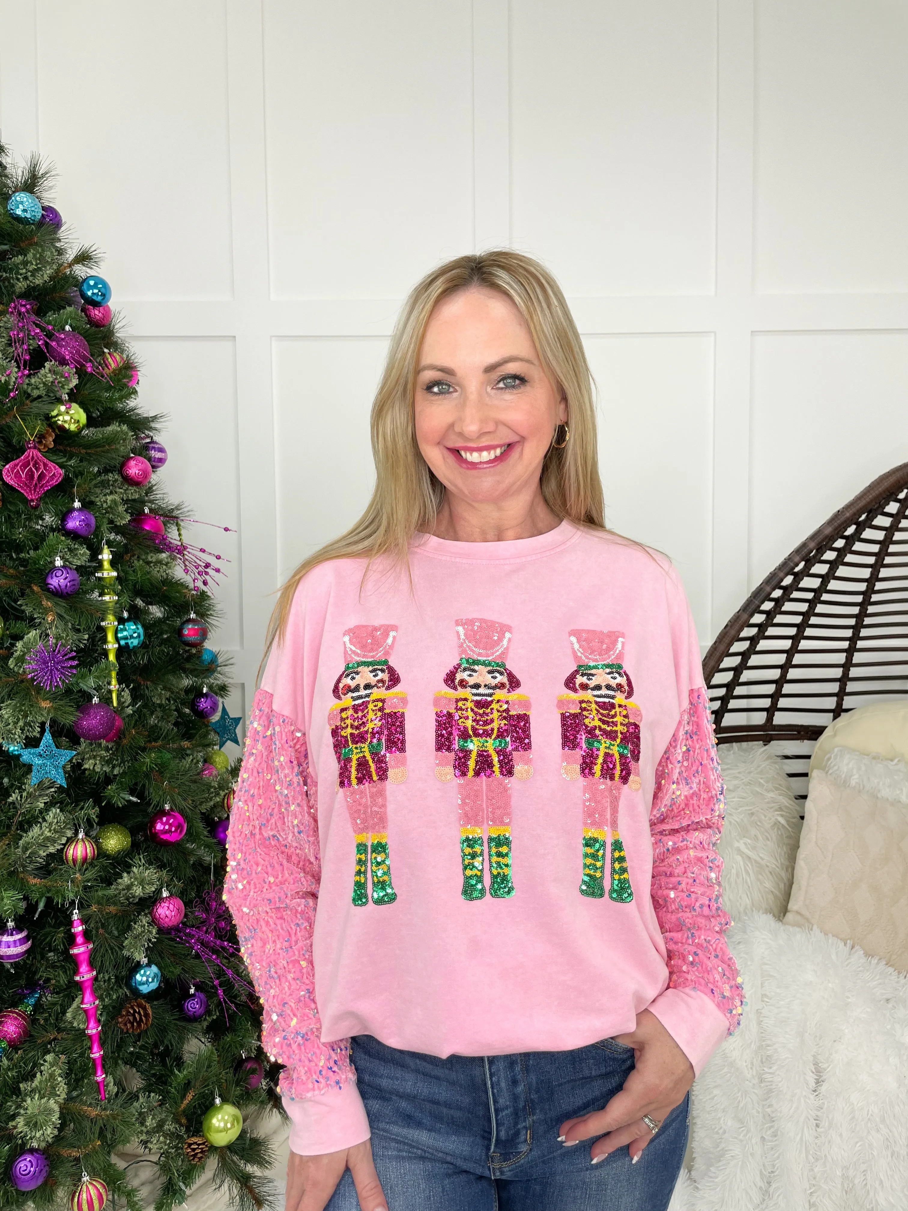 Nutcrackers with Pink Sequin Sleeve Sweatshirt