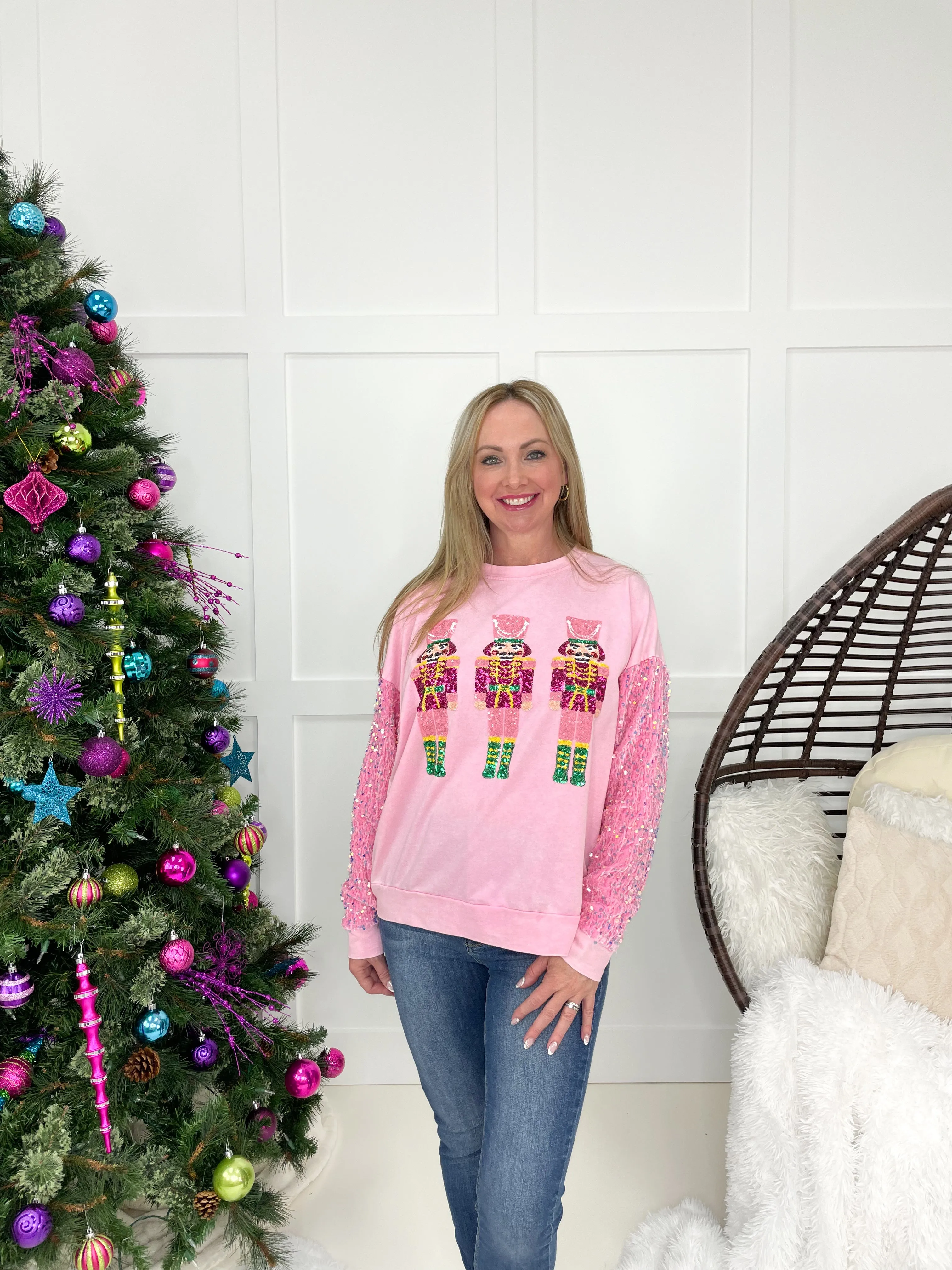 Nutcrackers with Pink Sequin Sleeve Sweatshirt