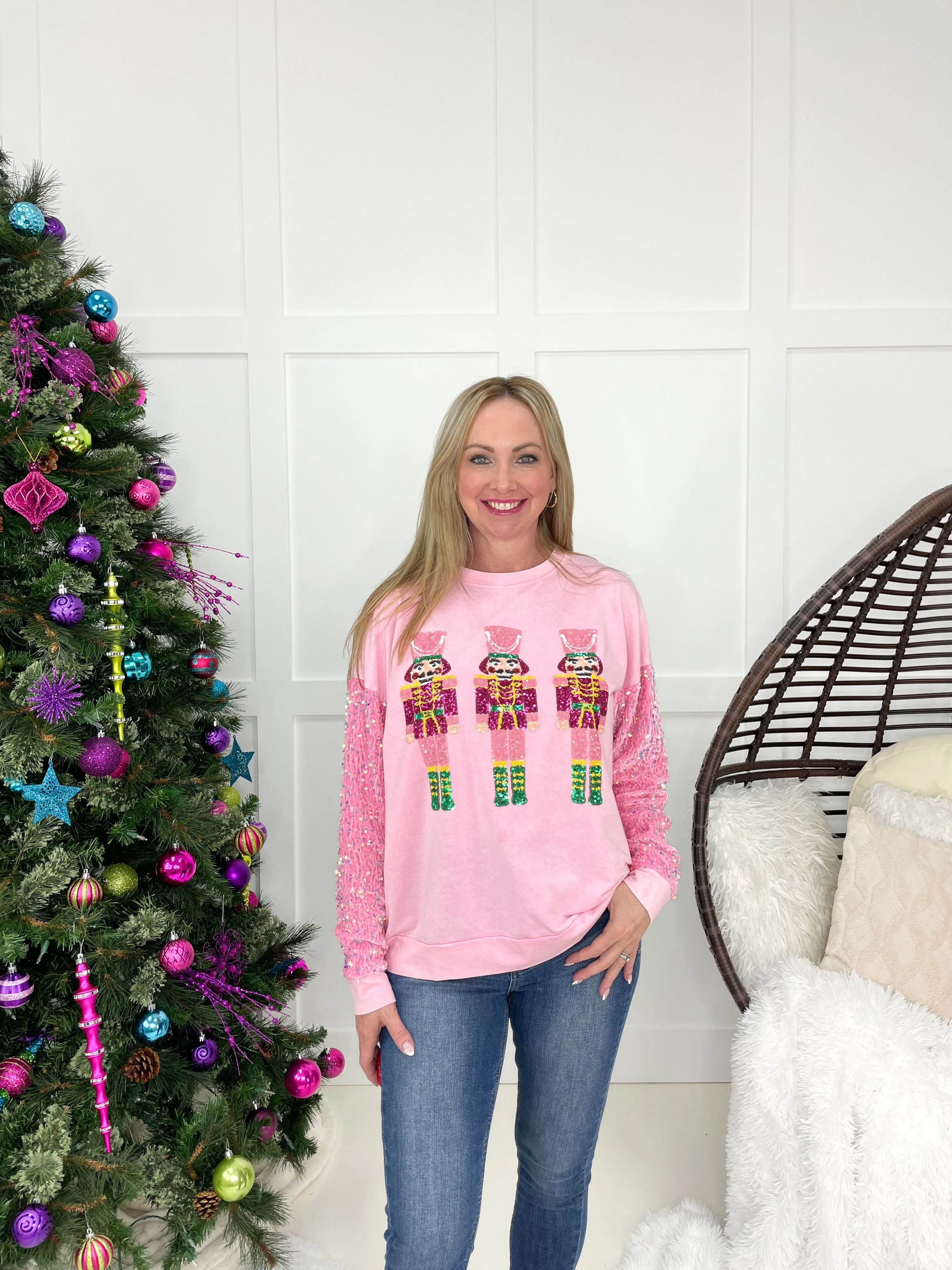 Nutcrackers with Pink Sequin Sleeve Sweatshirt