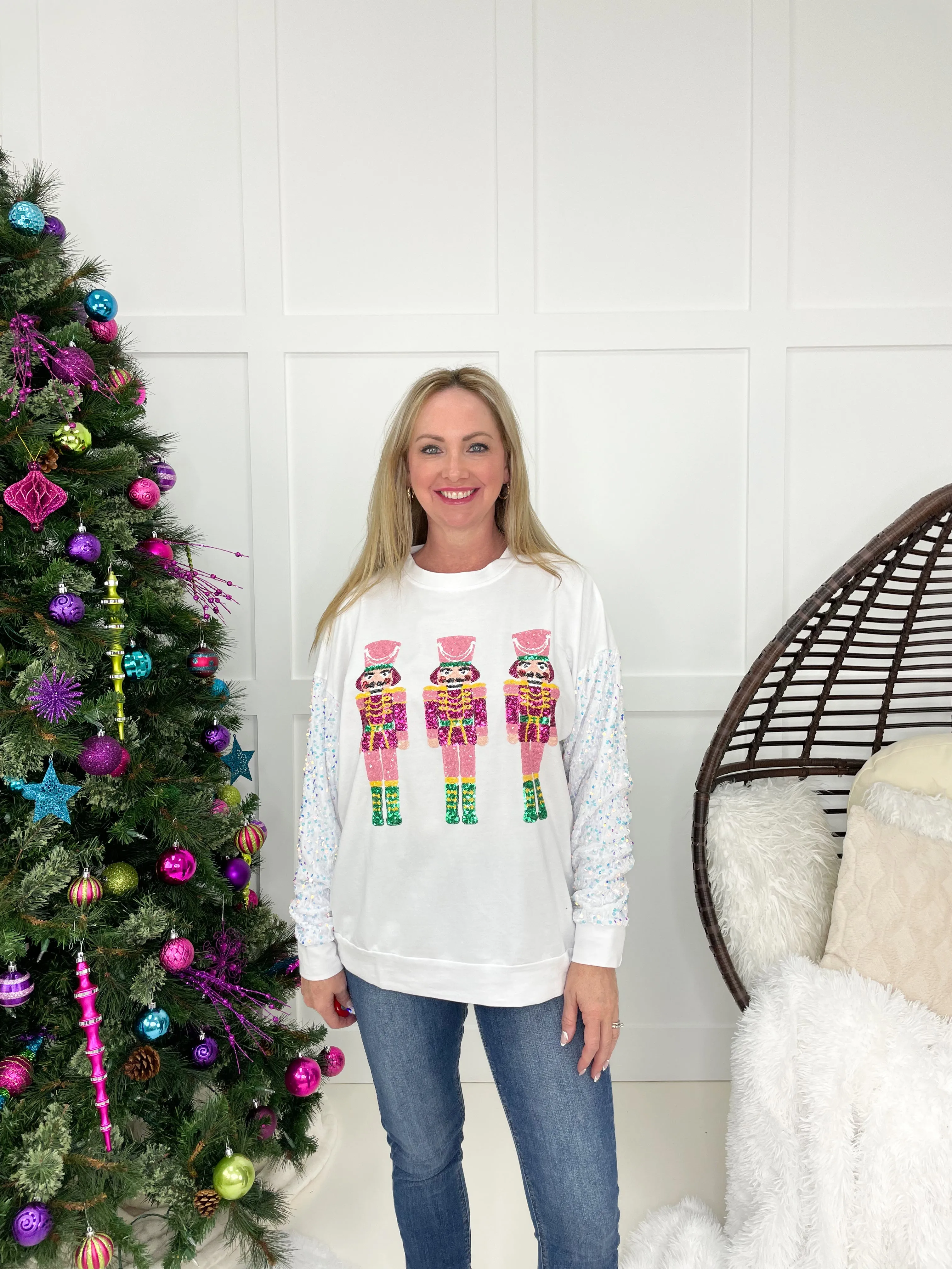 Nutcrackers with White Sequin Sleeve Sweatshirt