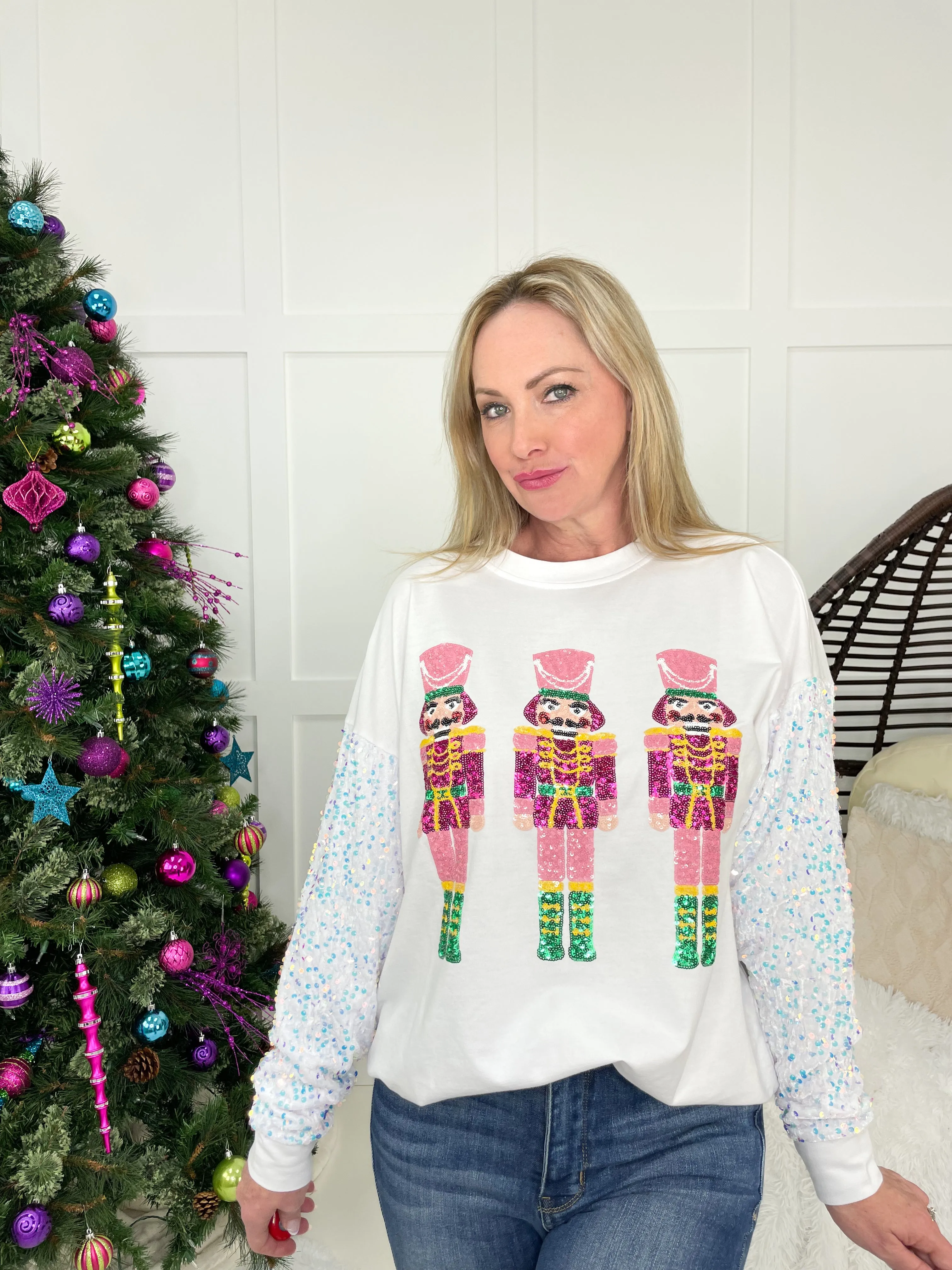 Nutcrackers with White Sequin Sleeve Sweatshirt