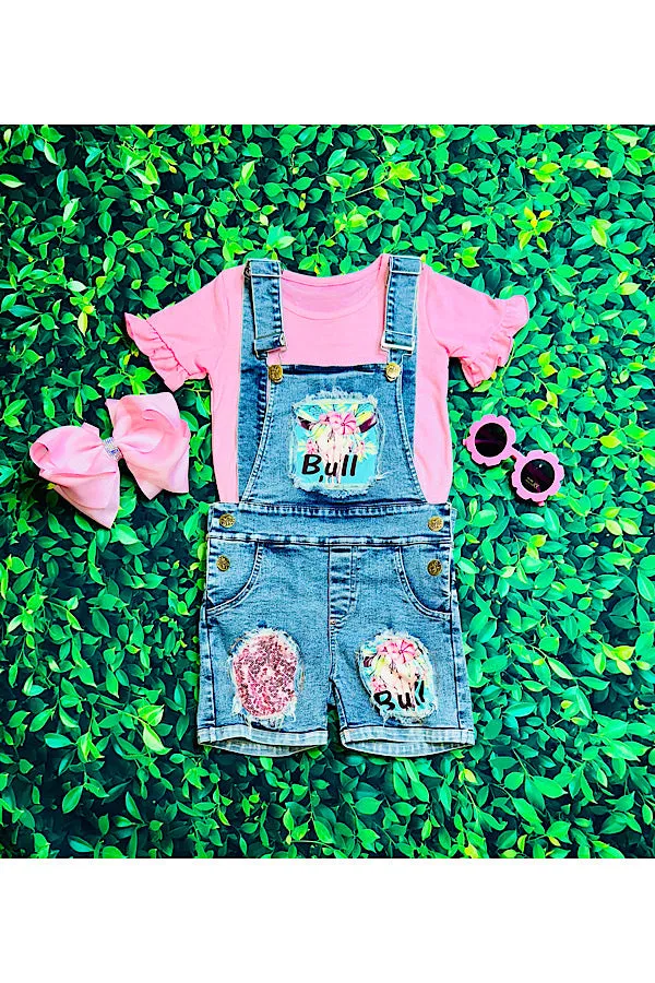 "BULL" pink w/sequin overalls short 2pc set DLH2484