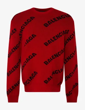 Red Logo Jacquard Crew Neck Sweater