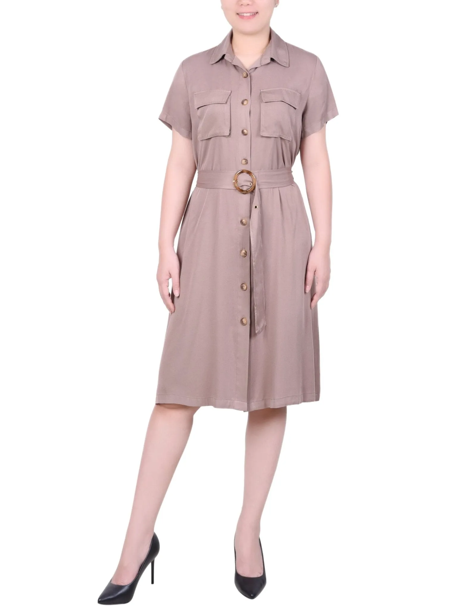 Short Sleeve Safari Style Dress - Petite