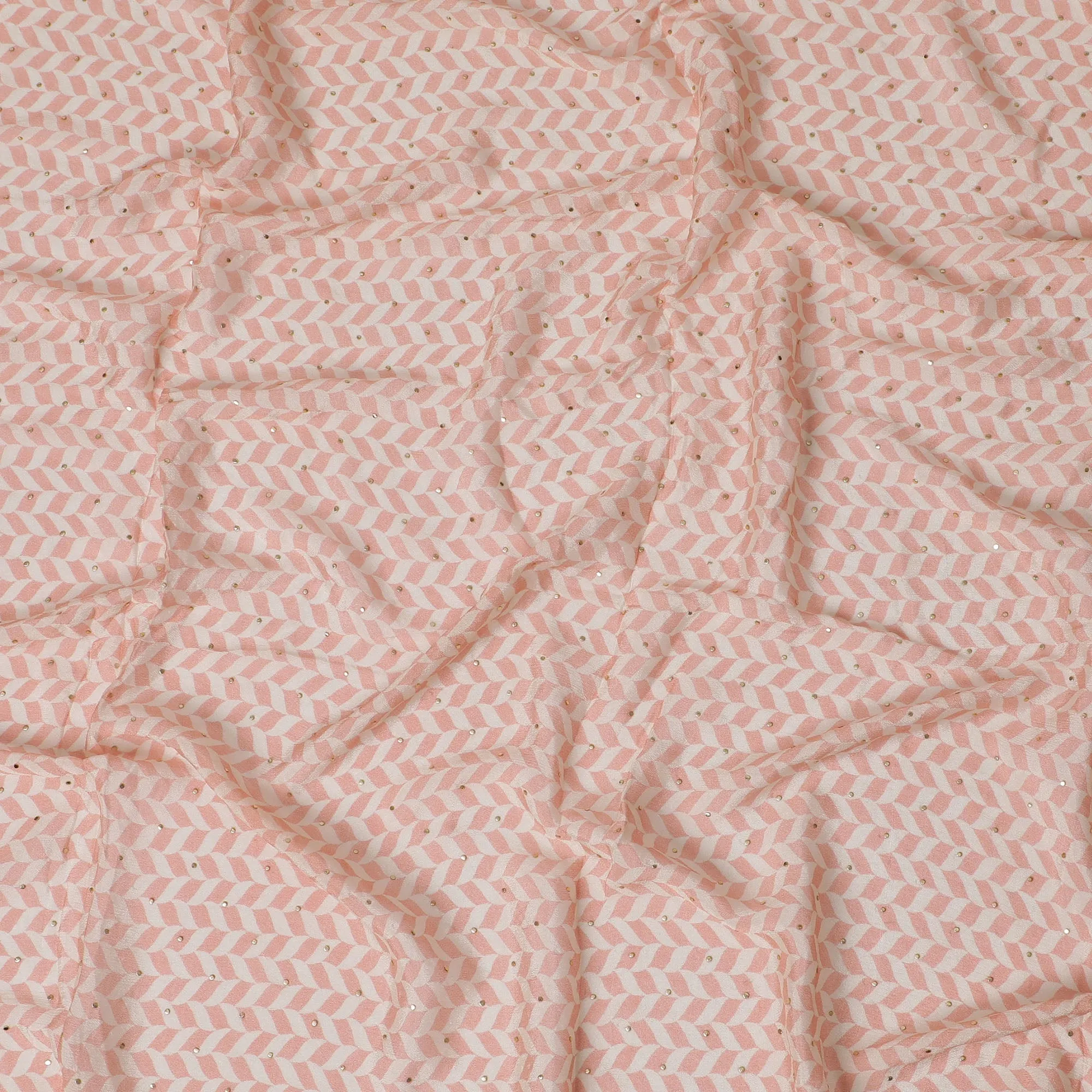 Soft Peach and White Chevron Synthetic Chinon Fabric with gold foil, 110 cm Width-D19666