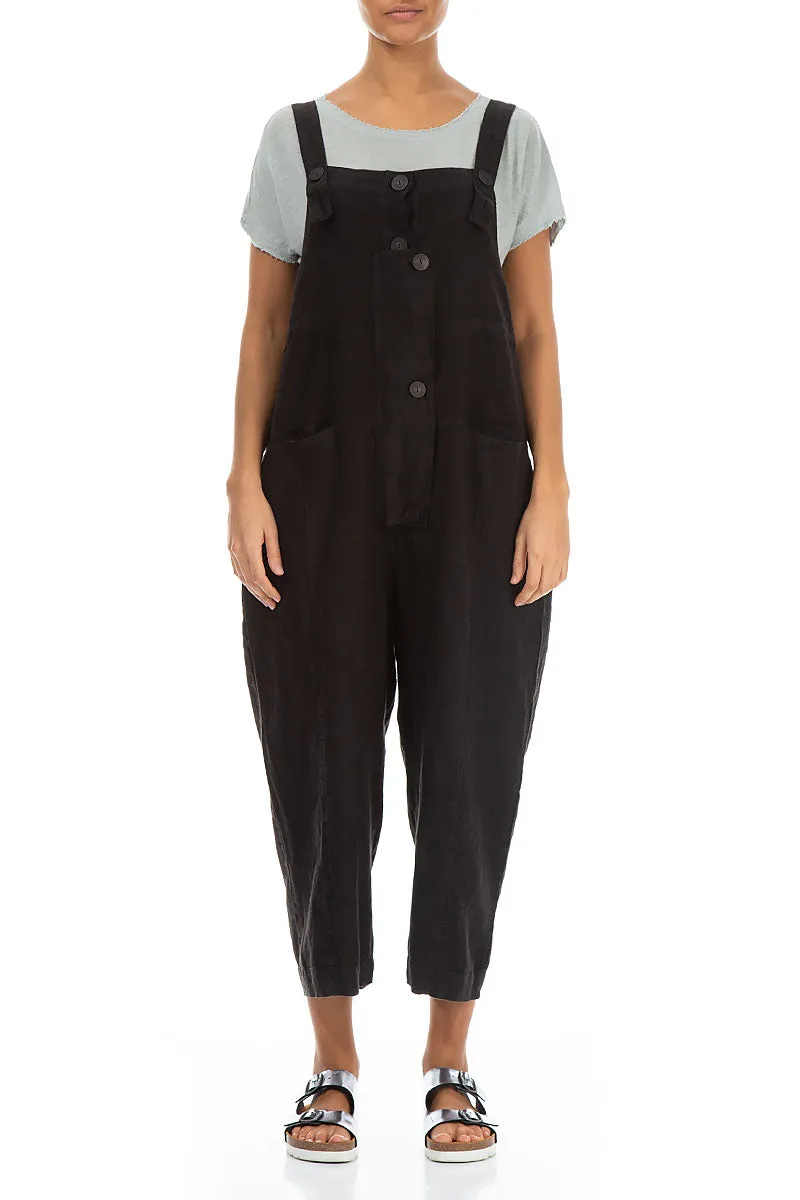 Strappy Black Linen Dungaree Jumpsuit