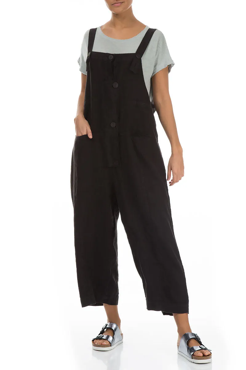 Strappy Black Linen Dungaree Jumpsuit