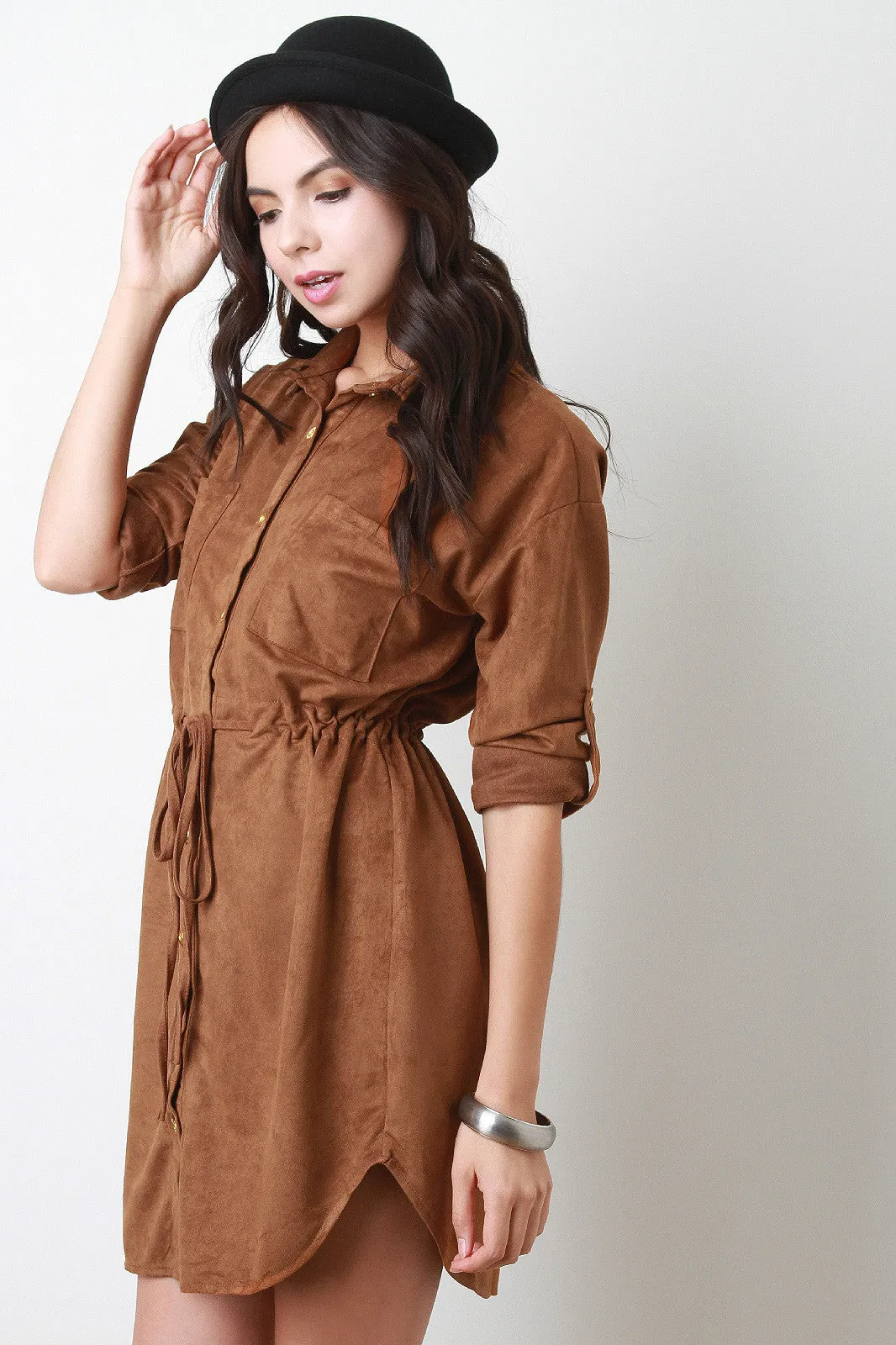 Suede Collared Drawstring Button-Up Shirt Dress