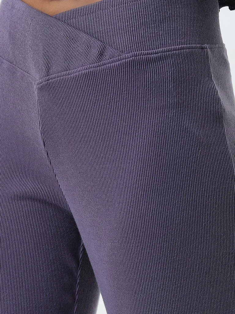 Superstar Purple Ribbed Textured High-Rise Pants